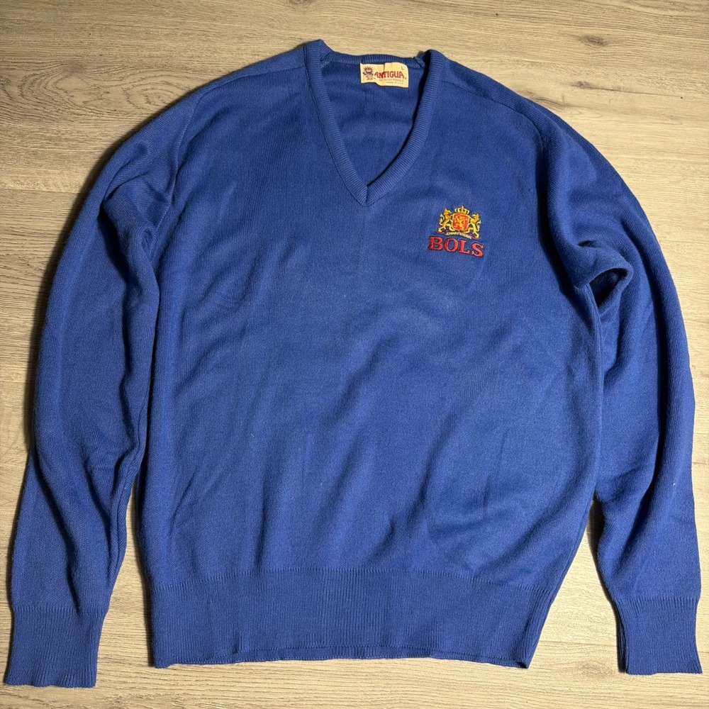 Vintage BOLS Liquor V-Neck‎ Sweater Antigua USA Blue Size L
